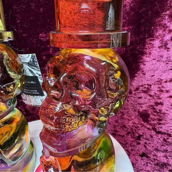 Tahari Halloween Amber Oil Slick Glass Skull Candle Stick Holders/Book End - Picture 9 of 12